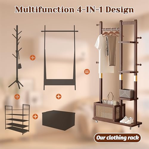 Freestanding Clothes Racks with Wheels, 4 Shelves & 4 Hooks, Solid Wood Coat Rack with Storage Basket for Hanging Garment Wallets Hats, Heavy Duty Clothing Racks for Bedroom,Entryway, Office,Hotel - color: Walnut, size: 3-(L: 26.8" x W: 11" x H: 68")