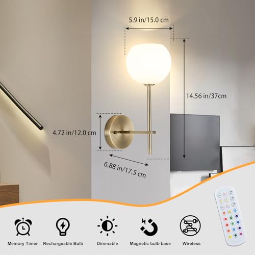 Brass Battery Operated Wall Sconces Set of 2, Rechargeable Wireless Wall Lights with Milky White Frosted Glass, 12 RGB and 3CCT Dimmable, Wall Lamps with Remote for Bedroom Living Room Hallway - color: Brass
