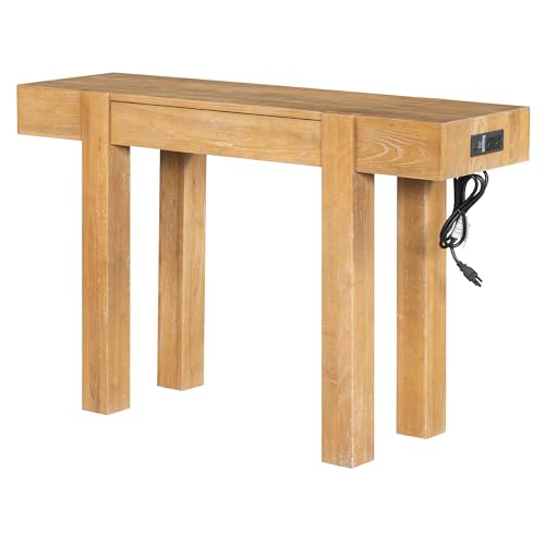 Rustic Console Table with Hidden Drawer, Wooden Sofa Table Behind Couch | Side Power Outlet,for Entryways, Living Room, Foyer, Natural - color: Nautral