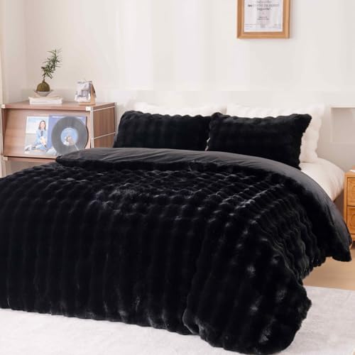 Fluffy Black Duvet Cover Twin Set, Soft Shaggy Plush Rabbit Bedding Set 2 Pieces (1 Fuzzy Comforter Cover + 1 Faux Fur Pillow Cases) Zipper Closure(Black, Twin) - color: Black, size: Twin