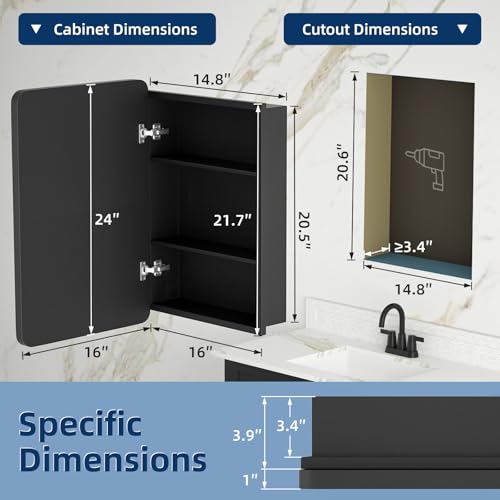 Bathroom Medicine Cabinet with Mirror 16 x 24 Inch, Black Medicine Cabinet Recessed or Surface Wall-Mounted, Mirrored Cabinets with 2 Adjustable Shelves for Bathroom Vanity - color: Black, size: 16*24inch
