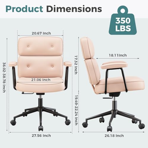 Ergonomic Home Office Desk Chair, PU Leather Computer Chair with Lumbar Support, Adjustable Height, 360° Swivel Rolling Wheels, Executive Task Chair for Office, Gaming, Meeting Room, Pink - color: Pink-standard Mid Back