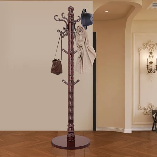 Wood Coat Rack Stand, Vintage Wooden Coat Rack Freestanding with Sturdy Round Base,Classic Coat Racks with 14 Hooks, Natural Birch Wood Standing Coat for Entryway (Vintage Round chassis)