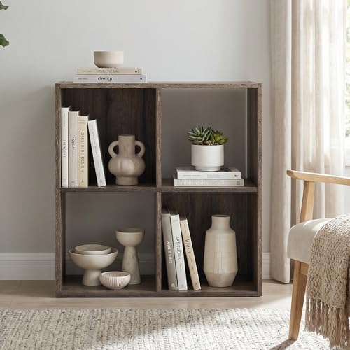 Signature Design by Ashley 4 Cube Organizer Small Bookshelf Bookcase, Brown | Durable engineered wood, Fits 10.5-inch bins, Compact 4-cubby display for closets or entryways, Shallifer Series - color: Brown, size: Four Cube