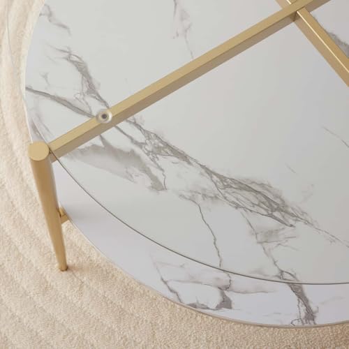 LumFurn Round Coffee Table for Living Room, Mid-Century Modern Design, D30 x H17, 2-Tier Structure, Clear Glass Top and White Marble Finish Wood Shelf, Sleek Conical Metal Legs with Gold Finish Frame - color: D30" Clear & White Marble