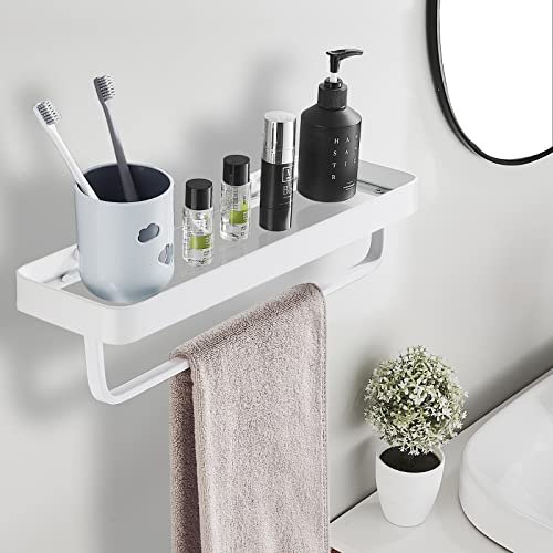 Bathroom Tempered Clear Glass Shelf with Towel Bar Wall Mounted 15.7 Inch Shower Organizer Modern Metal Kitchen Spice Decor Rack Over Toilet Storage Holder Rectangular Vanity White - color: White