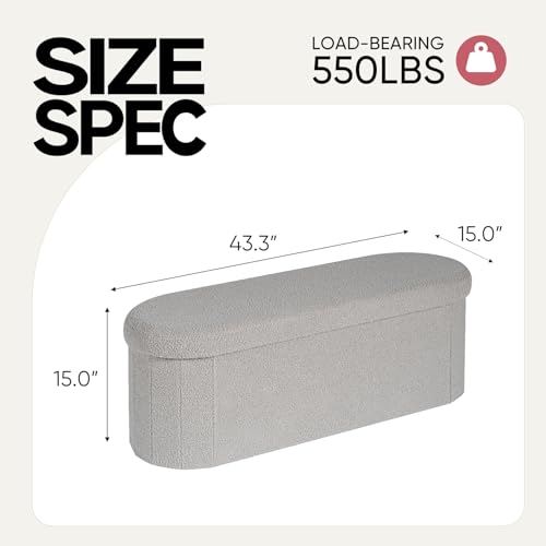 43 Inches Oval Ottoman with Storage, Boucle Sherpa Storage Ottoman Bench, Folding Foot Rest Chest for Bedroom Living Room - color: Grey, size: 43"D x 15"W x 15"H