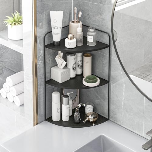 Bathroom Counter Organizer, Vanity & Makeup Countertop Organizer | Corner Bathroom Counter Organizer, Bathroom Sink Organizer, Bathroom Counter Shelf, Countertop Organizer, Corner Desk Shelf - color: Black 3 Tier