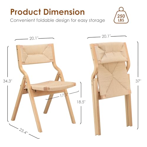 Wood Folding Chairs, Foldable Chairs Wooden Indoor Stackable Dining Chairs for Kitchen & Dining Room Chair Woven Seat & Webbing Back, Dining Chair Set of 2 - color: Natural/Natural, Woven Rope