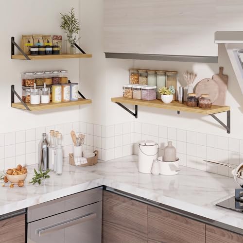 Deep Wall Shelves 24" W x 8" D Engineered Wood Floating Shelves for Wall, Sturdy Metal Bracket Bookshelves Home Decor Storage for Living Room Bedroom Bathroom Kitchen, Set of 2, Oak Finish - color: Oak, size: 24"w x 8"d