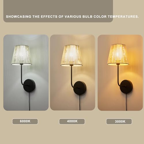 White Boho Wall Sconces Set of 2 | Plug-in Wall Light Black Finish with Natural Wicker Rattan Shade Hand Woven for Bedside, Living Room, Fireplace, Hallway - color: Black