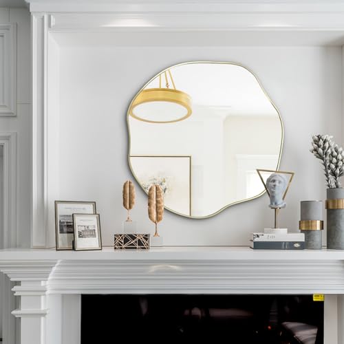 POZINO Scalloped Irregular Mirrors, 25" Asymmetrical Frameless Art Deco Mirror for Wall, Gold Wavy Decorative Accent Mirrors for Entryway Living Room Bedroom Fireplace, Horizontal or Vertical Hanging - color: Gold, size: 25"L x 25"W