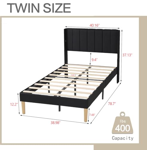 AGARTT Upholstered Platform Bed Frame Twin Size, Black Linen | Headboard and Footboard/Wooden Slats Support/No Box Spring Needed/Easy Assembly - color: Black Linen, size: Twin