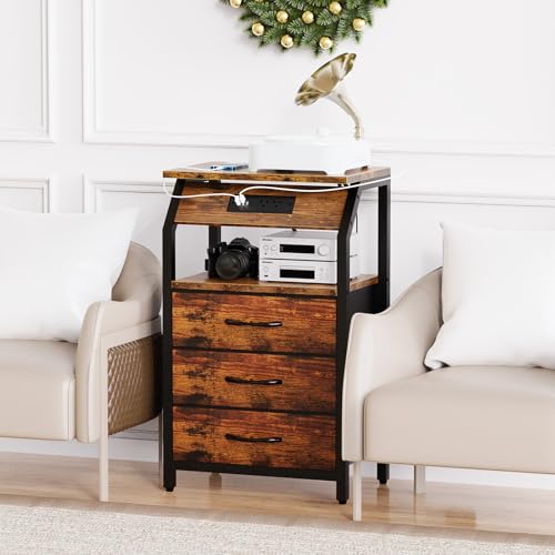 SZLHANJZ End Table with Charging Station, LED Lights and 3 Fabric Drawers | Nightstand, Small Night Stand with Large Fabric Drawers Storage, Retro Side Table for Bedside, Living Room Dorm, Rustic Brown - color: Rustic, size: 3 Drawers - Single