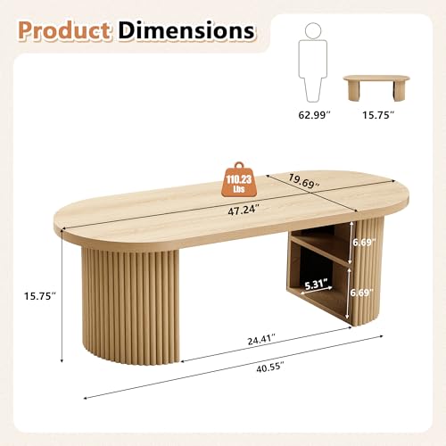 Oval Fluted Coffee Table, 47" Farmhouse Wood Coffee Table Mid Century Modern Center Table Boho Living Room Tables for Living Room Office,Natural - color: Natural, size: 19.69"D x47.2"W x 15.74"H