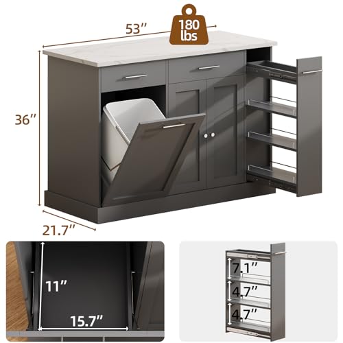 4 EVER WINNER Kitchen Island with Storage, Kitchen Island Cart on Wheels with Trash Can Cabinet, Spice Rack & Towel Rack, Kitchen Island Table with Faux Marble Countertop, Grey
