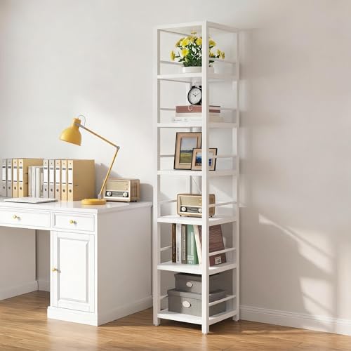 LITTLE TREE 75 Inch Tall Narrow Corner Shelf for Small Spaces | 6-Tier Bookshelf Multipurpose Storage Rack Shelves, Etagere Bookcase Skinny Shelf Tower Plant Stand for Living Room, White - color: White