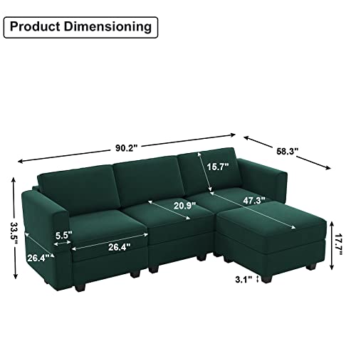 Belffin Convertible Sectional Sofa with Chaise Velvet L Shaped Sofa Couch Modular Sectional Sofa with Storage Green - color: Green, size: L Shape Sofa