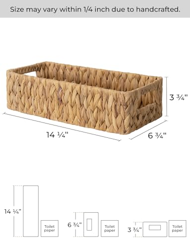 StorageWorks Toilet Paper Basket, Small Bathroom Basket Organizer | Water Hyacinth Wicker Baskets for Storage Hand Towels with Built-in Handles, Back of Toilet Basket for Bathroom Decor - color: Natural (Water Hyacinth), size: 14¼" L x 6¾" W x 3¾" H