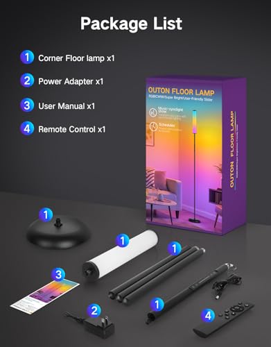 OUTON Bright Smart Floor Lamp with Remote, App & Touch Control, RGB Color Changing Standing Lamp, 2200K-6500K Dimmable, 3 Adjustable Heights, 32 Scenes for Living Room Bedroom Office Black - color: Black