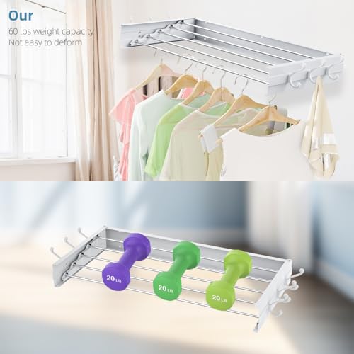 Laundry Drying Rack, Collapsible Wall Mounted Clothes Drying Rack - Foldable,Space Saving, 13.2 Linear Ft, 5 Aluminum Rods, 60 lb Capacity (White, 40" Wide) - size: 40"