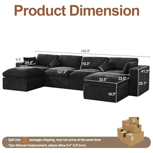 146''Cloud Boneless Modular Couch, Oversized Sectional Sofa Deep Seat with 2 Ottomans, Modern Upholstered Convertible U Shape Couch Comfy 6 Seater Chenille Sofa Couches for Living Room, Dark - color: Dark, size: 146"/4 Seater+2 Ottoman