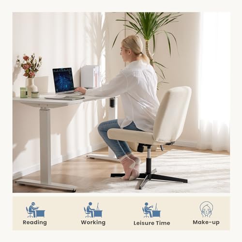 DUMOS Criss Cross Chair No Wheel Legged Office Wide Comfy Desk Vanity Chair, Armless Computer Task Seating Comfy Fabric, Swivel Home Height Adjustable for Bedroom, Study, Beige No Wheel - color: Beige No Wheel