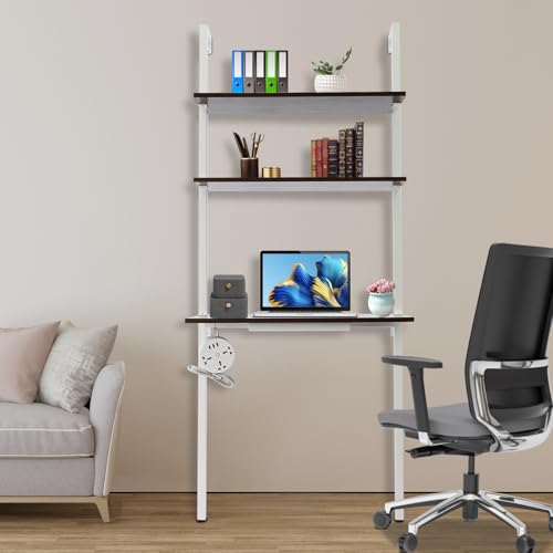 Industrial Wall Mount Desk, 3-Tier Ladder Computer Desk, 30inch Floating Computer Writing Table with Storage Shelves for Home Office Small Spaces (Brown+White) - color: Brown+white
