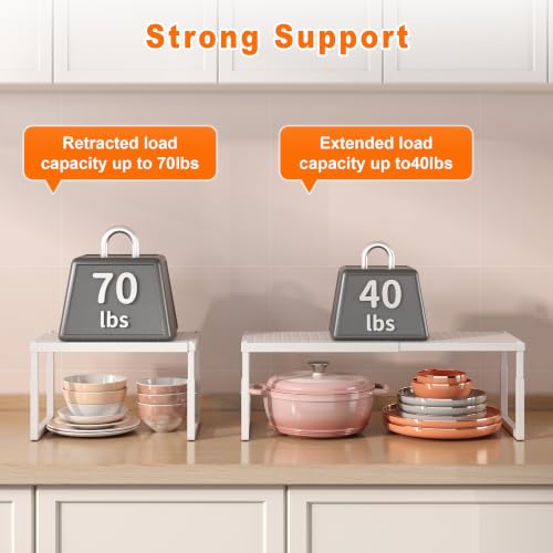 Shelf Organizer Riser For Cabinet Pantry Kitchen Countertop Cupbaord Closet | Expandable Width, Adjustable Height, Stackable As 2-Tier Shelf Rack, Snap-Button: Easily Adjust Height, Heavy Duty Metal - color: White-1 Pack