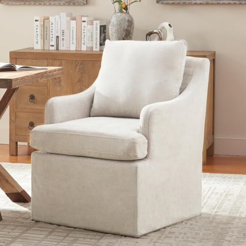 VKNOW Upholstered Dining Chairs Set of 6, Dining Room Chairs with Casters | Modern Rolling Dining Chairs with Armrest, Soft Chenille Fabric, Washable Cover, Easy Assembly, Living Room, Bedroom, Cream - color: Cream, size: 6