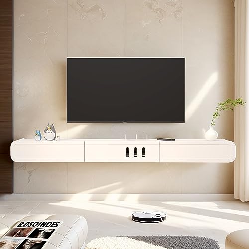 Floating TV Stand in Solid Wood, 71'' High Gloss Wall Mounted TV Cabinet, Floating TV Shelves with Door & Drawers, Modern Entertainment Media Console Center Large Storage Under TV - size: 70.86''