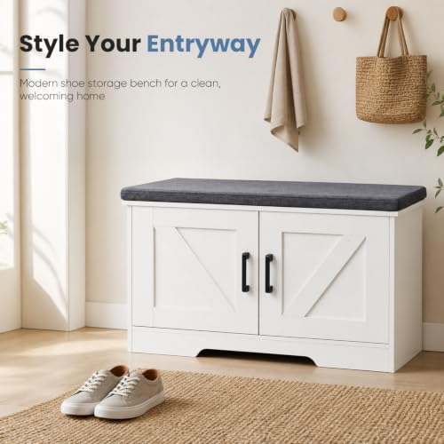 DUMOS 28" Shoe Storage Bench, Entryway Shoe Organizer Cabinet with Padded Seat Cushion, Adjustable Shelf and 2 Doors, Compact Storage Bench for Small Spaces, Hallway, Bedroom, Living Room, White - size: 28 inches