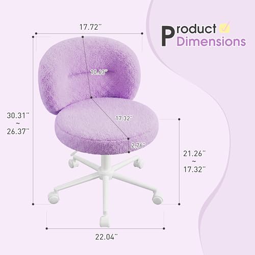 Homkdom Round Vanity Chair with Silent Wheels, 17.32" Wide Seat | Height Adjustable, 360 Swivel & Smooth Rolling, Armless Design for Makeup and Study - Purple - color: Purple