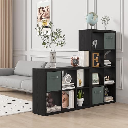 furtble Bookshelf with Storage Bin, 6-Cube Storage Organizer, Modern Wood Open Bookcase, Multifunctional Display Shelf for Living Room, Bedroom, Home Office, Black - color: Black, size: 6 cube