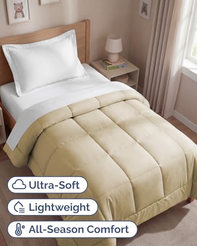 Comforter Twin Size - Down Alternative Duvet Insert - Beige, 68" x 88" | Soft & Comfy, Quilted White Comforter with Corner Tabs, Box Stitched Down Alternative Bedding for Men, Women, Kids & Teens - color: 06 - Beige, size: Twin (68" x 88")