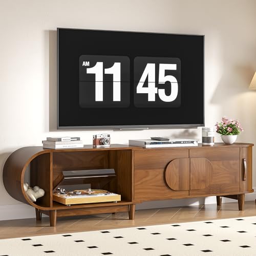 Small Extendable TV Stand for 40-75 Inches TVs, Entertainment Center | Media Console Table with Storage, 3 Cabinets, for Living Room & Bedroom, Modern, Mid Century, Walnut, 46.85" W-66.93" W