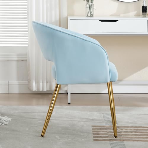 Velvet Home Office Desk Vanity Chair, No Wheels, Gold Legs, Light Blue | Modern Accent Chair with Stylish Stripe Design, Spacious Soft Seat for Girls & Women Bedroom Makeup or Nail Table - color: Blue Velvet, No Wheels