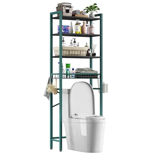 Kalrin Over-The-Toilet Storage Rack, 4-Tier Bathroom Organizer Shelf Over Toilet with Adjustable Shelf and Basket, Freestanding Space Saver Bathroom Shelves Above Toilet for Room (Green- Black) - color: Green- Black