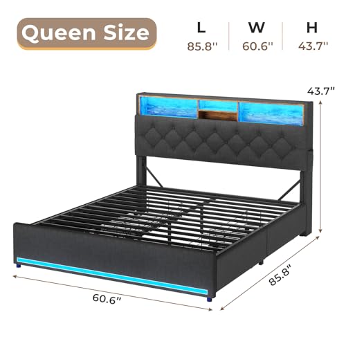 HAUOMS Queen Bed Frame with Headboard and 4 Drawers, Grey Upholstered | Storage Headboard with Charging Station and LED Lights, Platform Bed with 5 Shelf, Noise Free, No Box Spring Needed - color: Linen Grey, size: Queen (U.S. Standard)