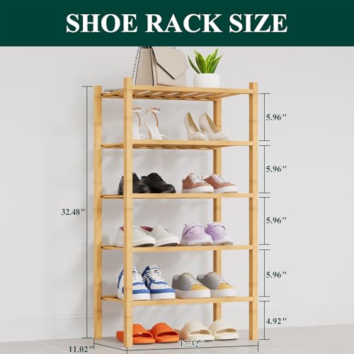 Smiry Bamboo Shoe Rack, 14 Vertical Slats, 5 Tier - 17.3" Wide, Natural | Stackable Free Standing Wooden Shoe Organizer, Wood Shoe Storage Shelf for Closet, Entryway, Thicher Leg - color: Natural, size: 17.32" Wide - 5 Tier - Thicker