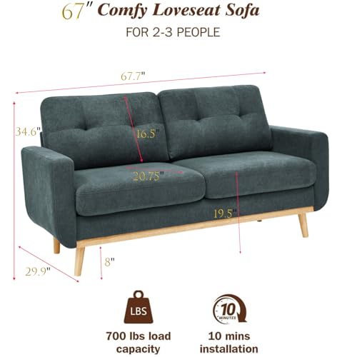 67" Green Loveseat Sofa, Mid Century Modern Love Seat Sofas and Comfy Corduroy Couches for Living Room, Button Tufted Small Cloud Couch for Bedroom Office Apartment Small Space, Easy Assembly (Green) - color: Green