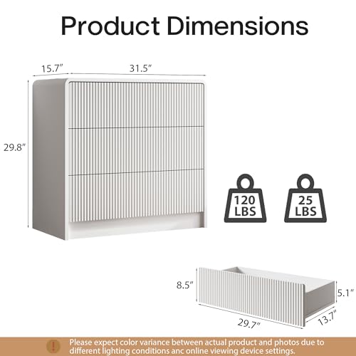 MAISONARIA White Curved 3 Drawer Dresser, Wide Modern Long Dresser for Bedroom, Living Room, or Entryway, Push to Open Storage Chest, Minimalist Scandinavian Style - color: White, size: 15.7"D x 31.5"W x 29.8"H (3 Drawers)