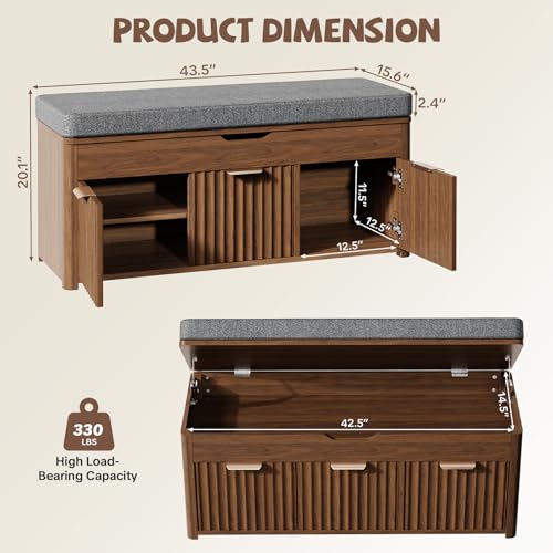 43.5" W Shoe Bench with Storage, Lift Top Entryway Bench, Walnut | 2-Tier Adjustable Shoe Rack with Cushioned Seat, Hidden Storage, Wooden End of Bed Bench for Bedroom, Living Room, Hallway - color: Walnut, size: 43.5"Wx15.8"Dx20.1"H