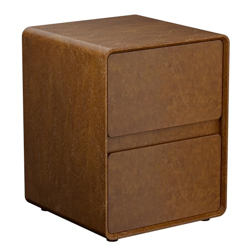 15.8" W Faux Leather Narrow Nightstand, Modern Fully-Assembled Bedside Table with 2 Drawers, Wood Night Stand Small Accent End Table & Side Table for Bedroom, Brown - color: Brown, size: 16in