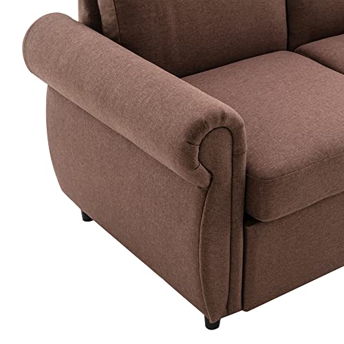 Pull Out Sleeper Sofa Loveseat Sleeper, Linen Upholstered Couch with Twin Size Memory Foam Mattress, for Living Room Small Spaces (Brown-Pull Couch) 59 L *31.1W*35.4H inches