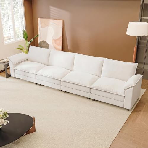 JUMMICO 159" Sectional Couch, Modular Cloud Sofa, White | Comfy Chenille, 4 Deep Seats, High-Density Foam, Double Layer Cushions, Oversized Linear Sofa for Living Room and Apartment - color: White, size: Linear Sofa
