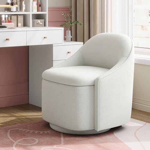LINSY Swivel Accent Chair with Storage Comfy Chenille Barrel Chairs, Small 360 Swivel Modern Armchair for Living Room Bedroom, Boucle Reading Chair for Study Room (Beige) - color: Beige
