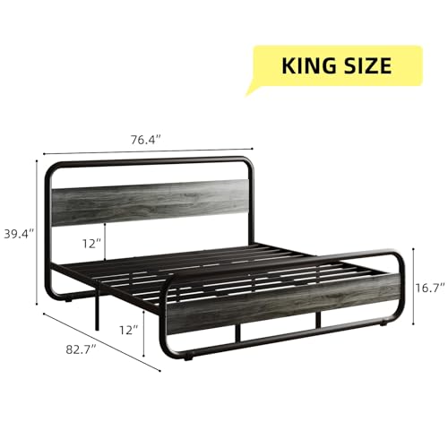 King Size Bed Frame, Wood Headboard and Footboard, LED Lights, Grey | Metal Platform with Heavy Duty Metal Slats Support/12 in Under-Bed Storage/Noise-Free/No Box Spring Needed/Easy Assembly - color: Wash Gray, size: King (U.S. Standard)