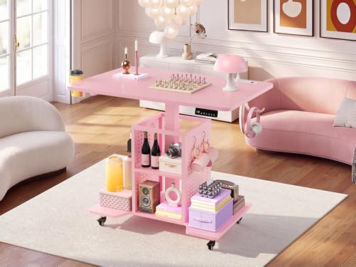 SEDETA Small Standing Gaming Desk, 31.5" Rolling Computer PC Desk Electric Height Adjustable with Power Outlet, Pegboard & Storage Shelves, LED Light, for Small Spaces/Bedroom/Gaming/Girl Room, Pink - color: Pink