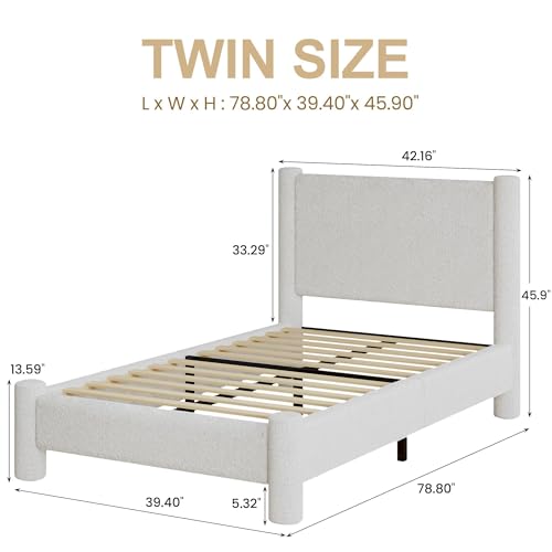 REVOMINCA Twin Boucle Bed Frame with Headboard & Footboard, White | Upholstered platform frame has soft rounded corners, no box spring required and easy assembly. - color: White, size: Twin